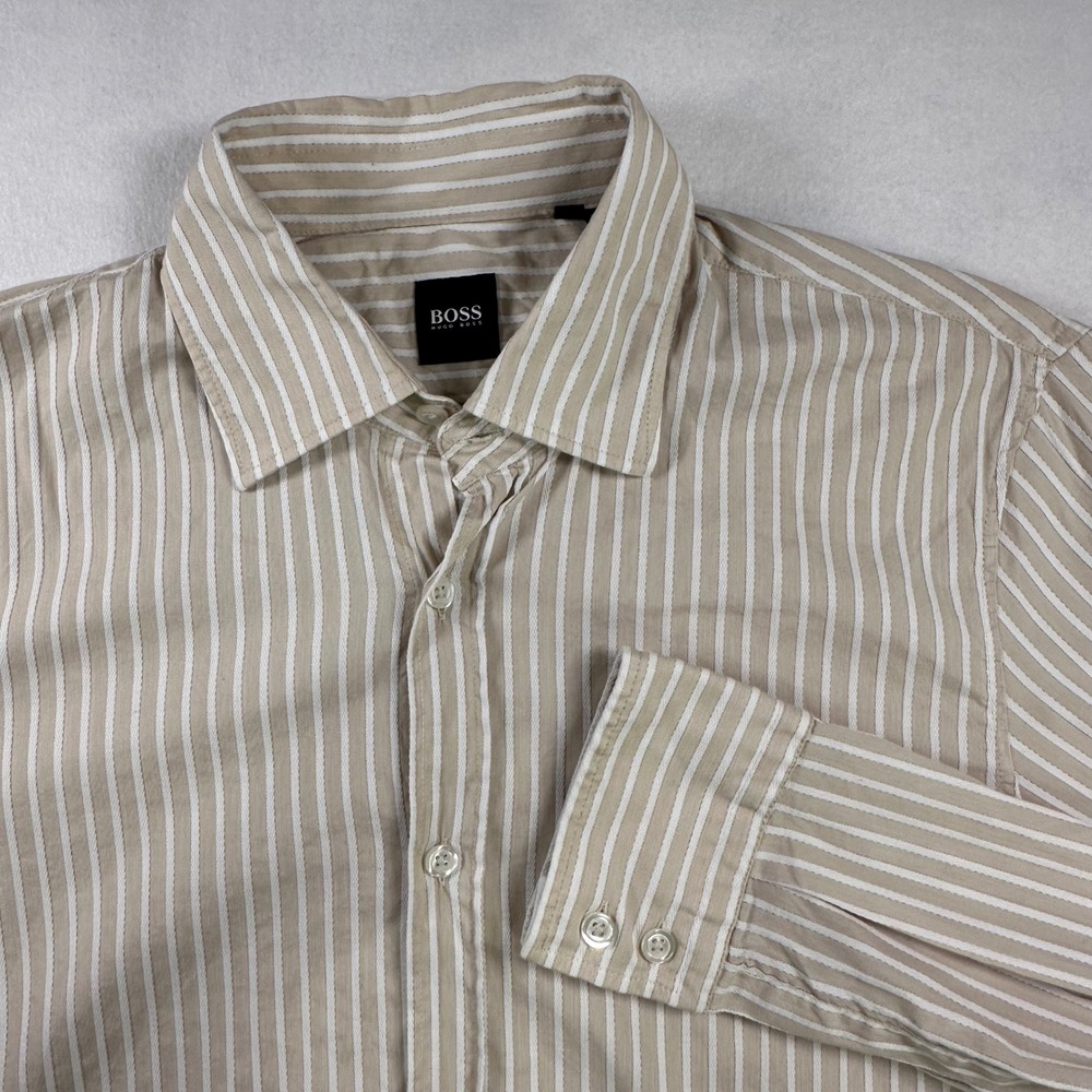 Hugo Boss Men Tan White Striped Button Down Shirt LongSleeve Size M Cotton Blend